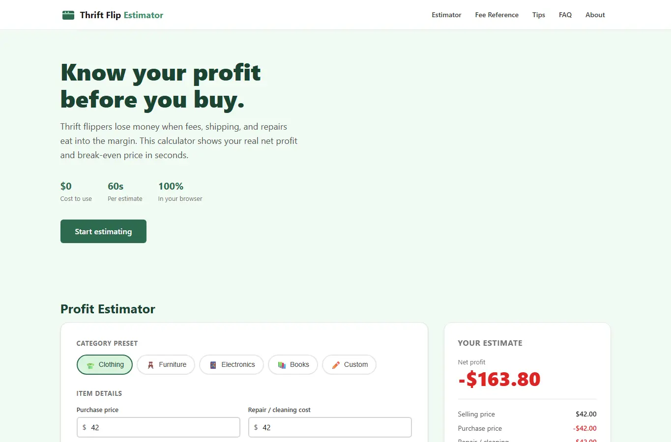 Screenshot of Thrift Flip Profit Estimator interface showing the project page in use